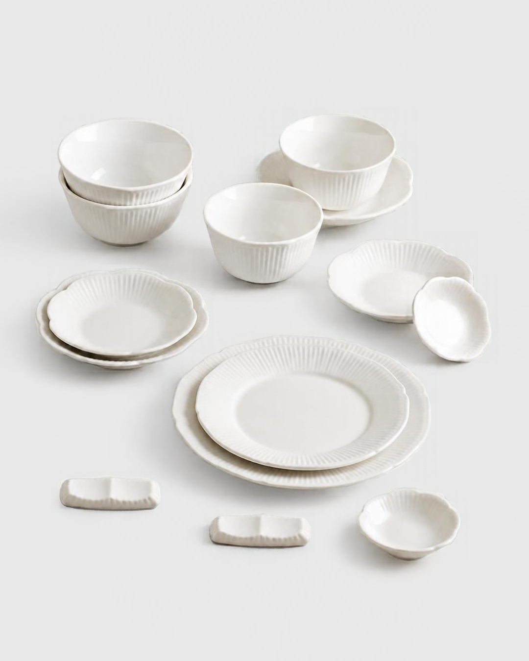Yoon Ceramics Sunbaek Korean Dinnerware Set for 2 (14 Pieces), Fluted White