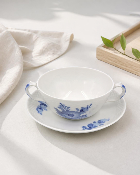 Vintage Blue Flower Braided Cream Soup Bowl & Saucer Set