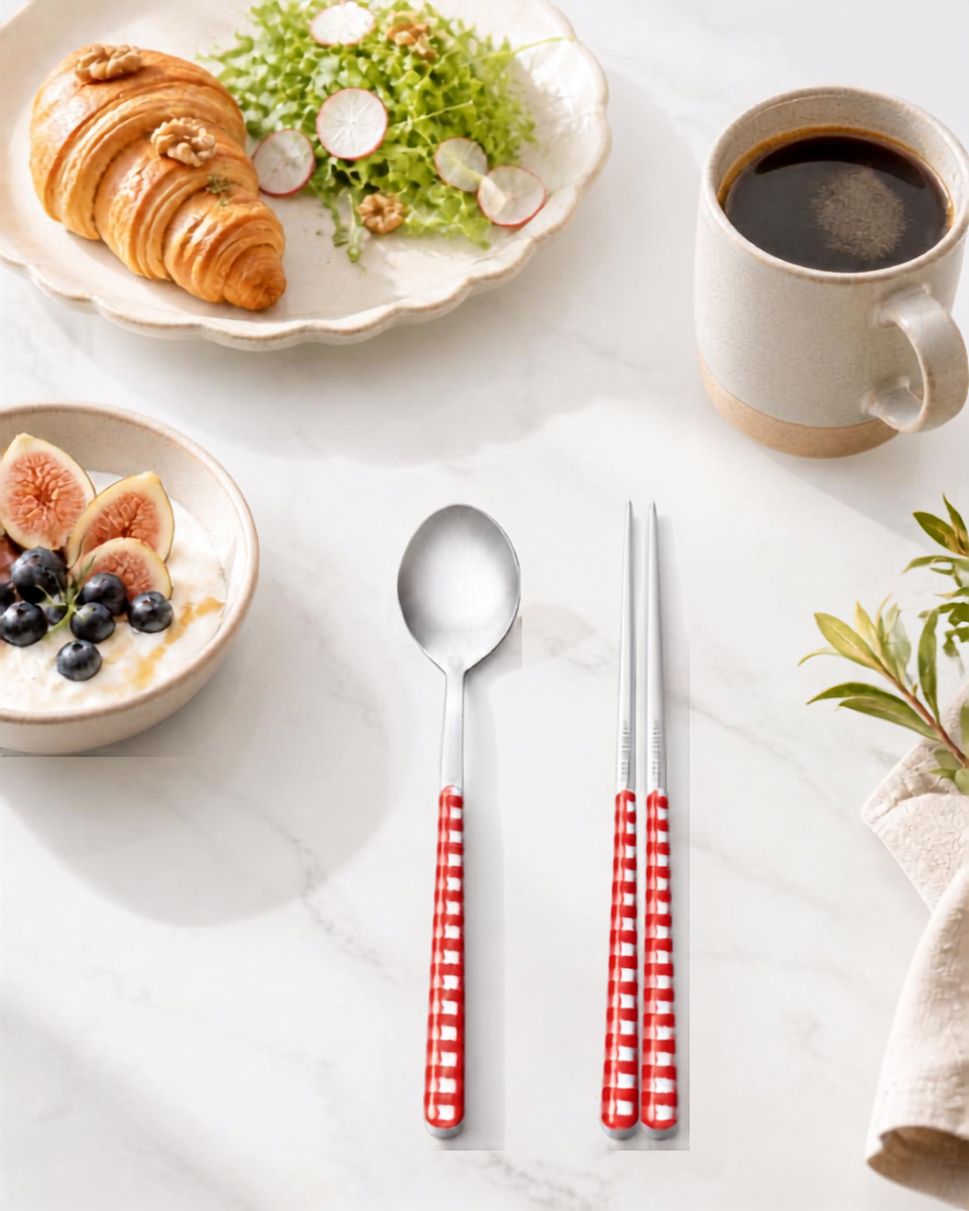 Neva Italian Gingham Spoon & Chopsticks Set for 2Person (4 Pcs)