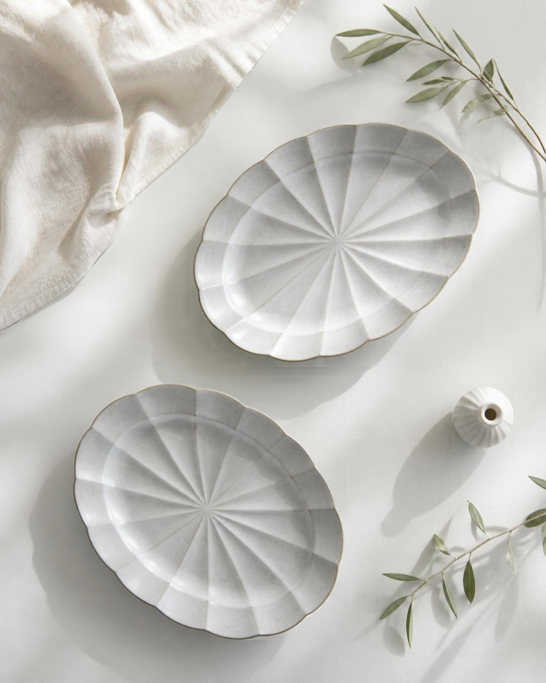 Japanese Ivory Fluted Oval Plates 9.8" (25 cm)