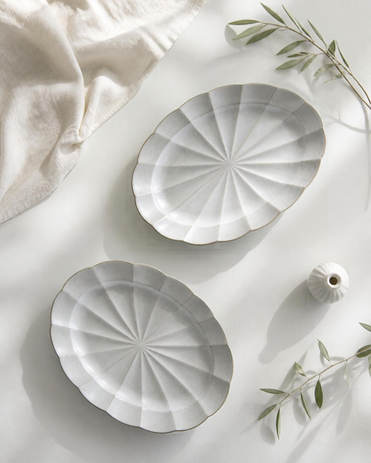Japanese Ivory Fluted Oval Plates 9.8" (25 cm)