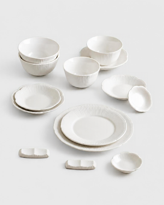 Yoon Ceramics Sunbaek Korean Dinnerware Set for 2 (14 Pieces), Fluted White