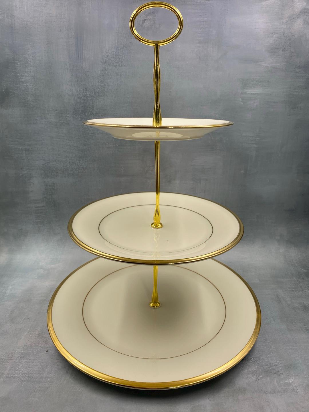 Lenox Eternal 3 tired serving tray and Tea Cup/Saucer for 6 Person