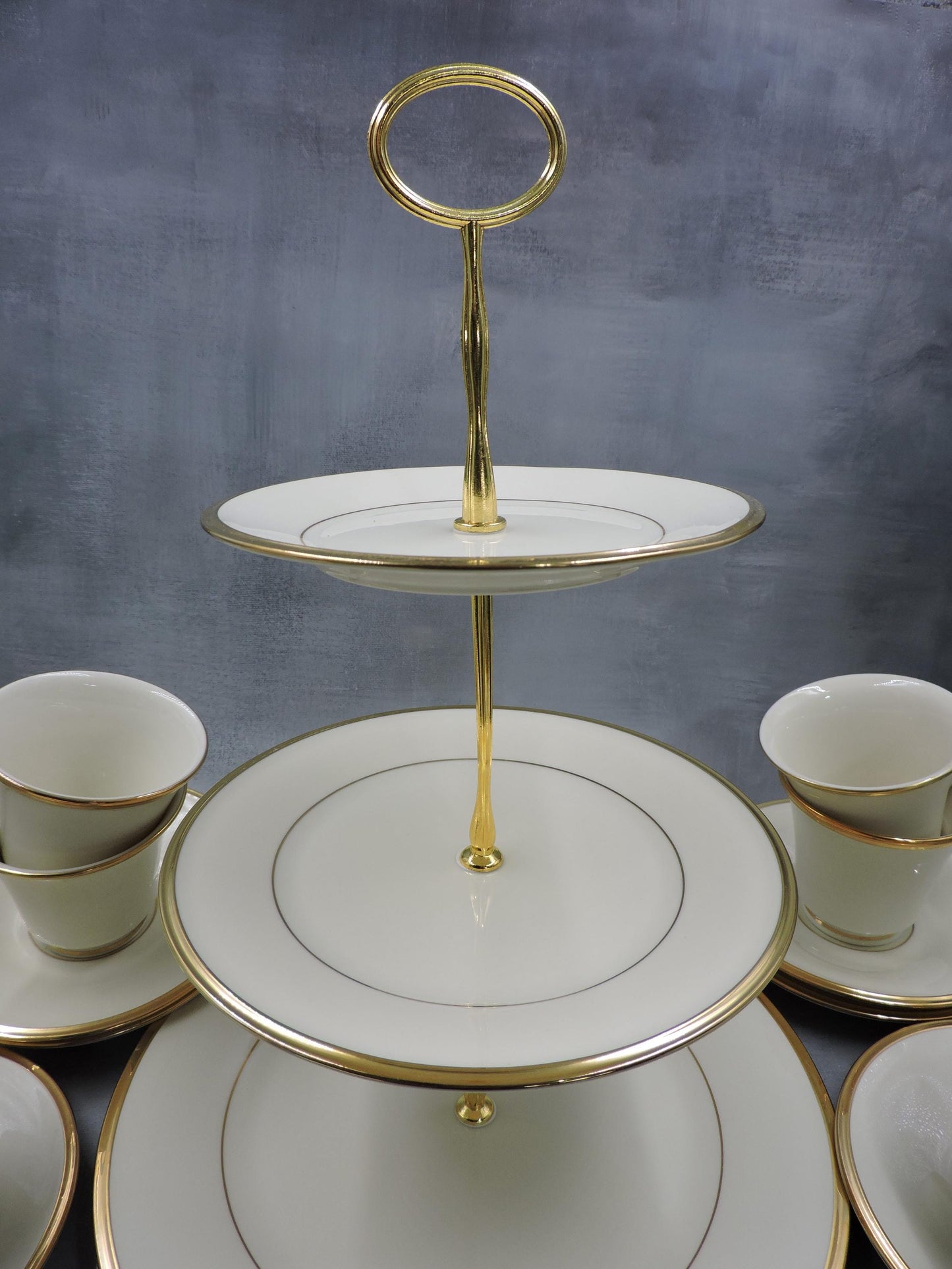 Lenox Eternal 3 tired serving tray and Tea Cup/Saucer for 6 Person