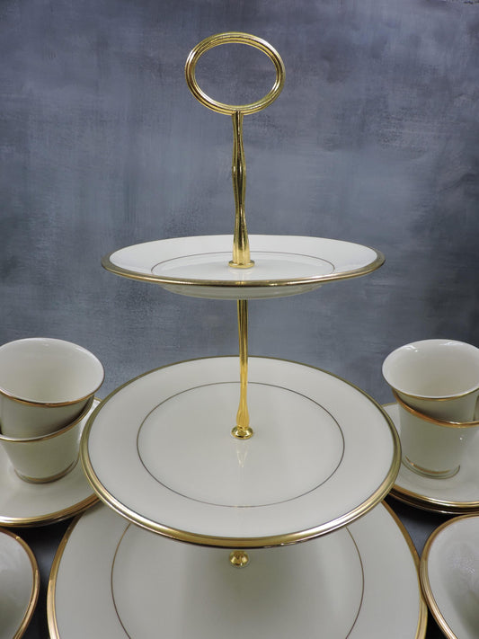 Lenox Eternal 3 tired serving tray and Tea Cup/Saucer for 6 Person