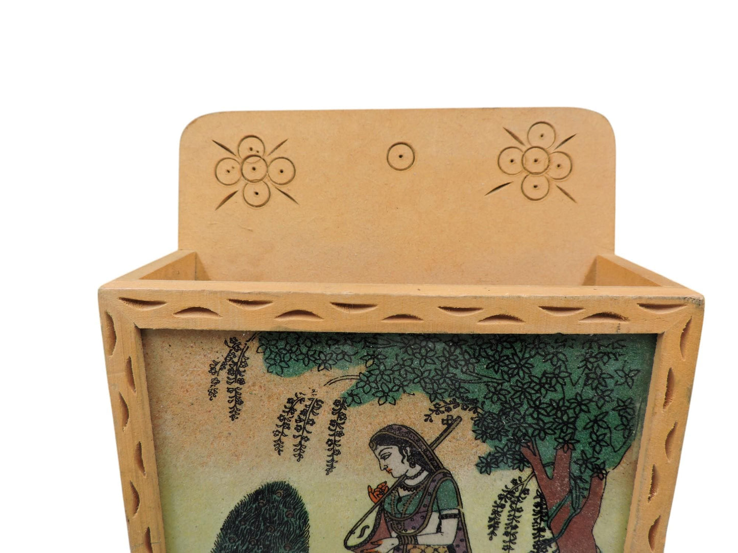 Vintage Wood Key Ring Holder With Gemstone Ragini Painting