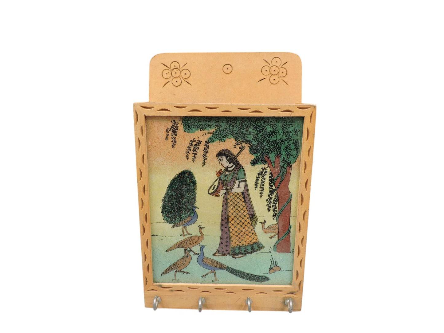 Vintage Wood Key Ring Holder With Gemstone Ragini Painting