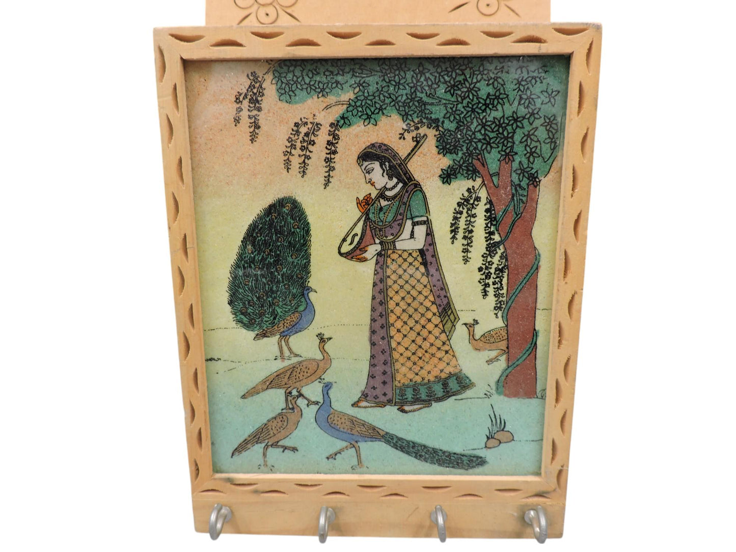 Vintage Wood Key Ring Holder With Gemstone Ragini Painting