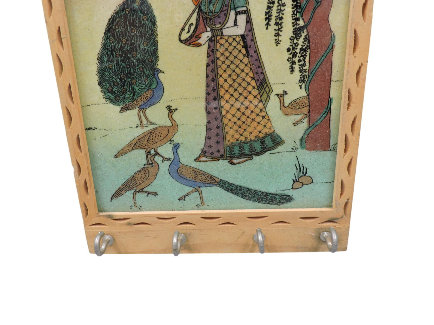 Vintage Wood Key Ring Holder With Gemstone Ragini Painting