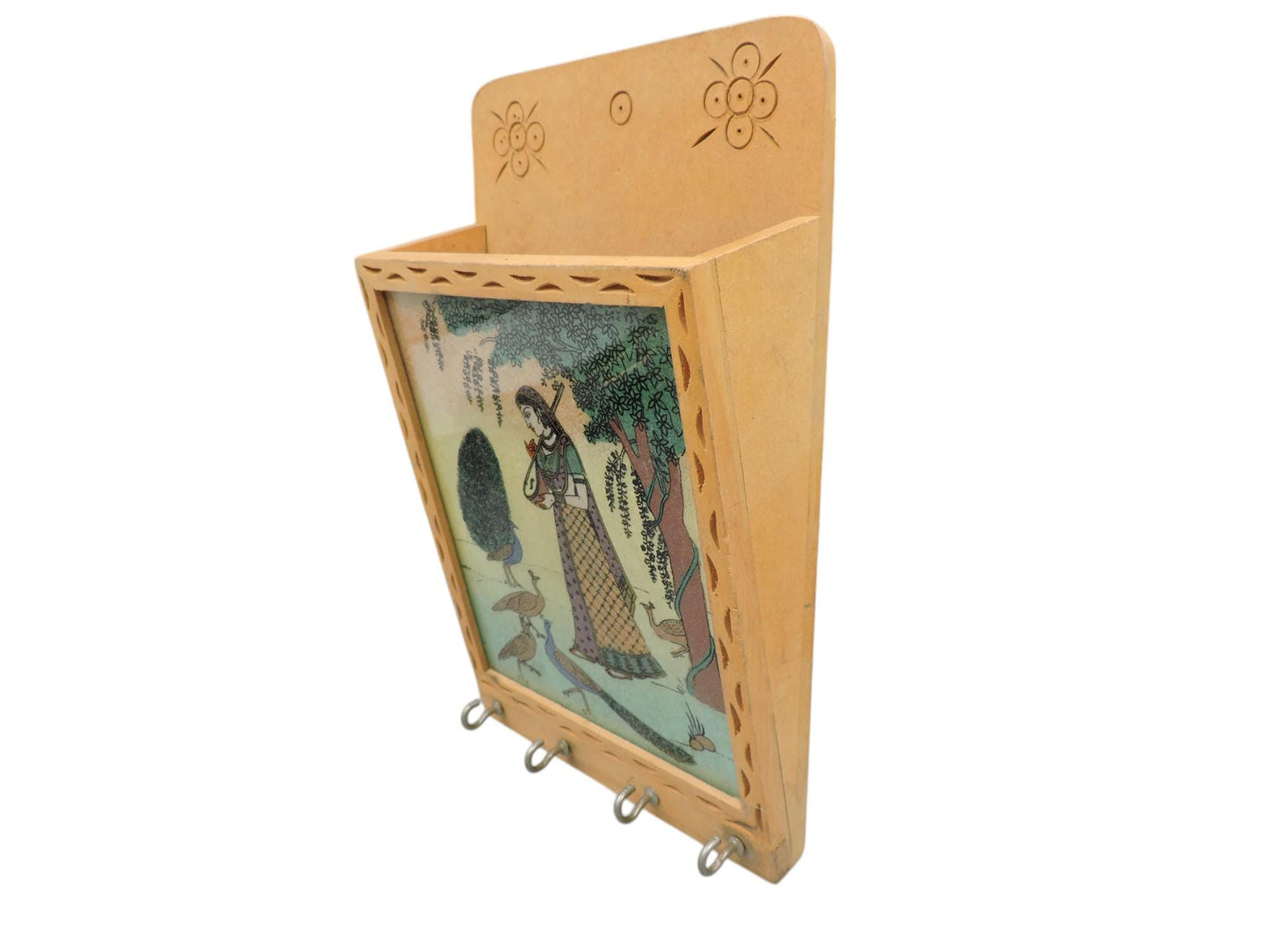 Vintage Wood Key Ring Holder With Gemstone Ragini Painting