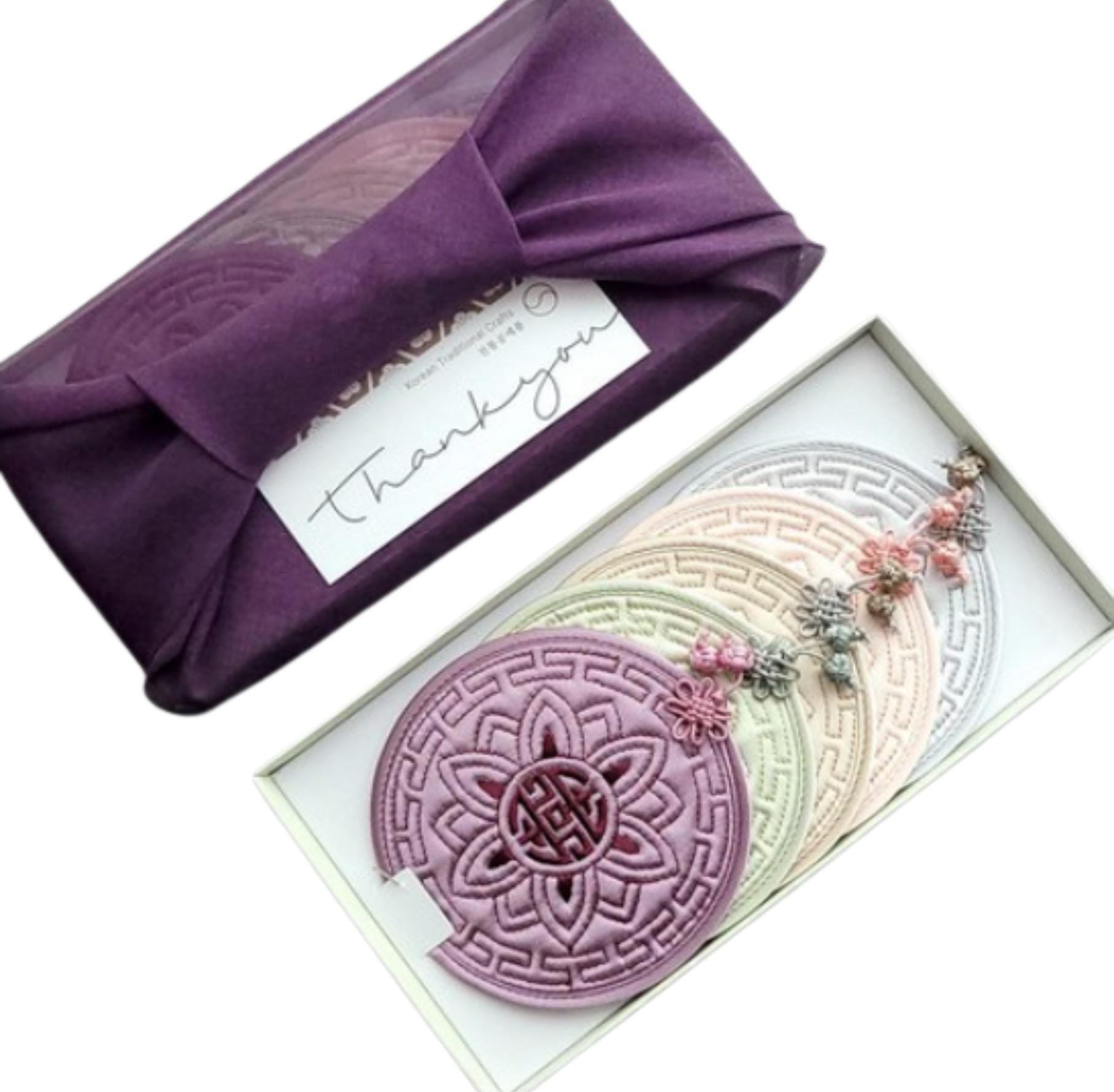 Premium Korean Silk Embroidery Coaster Set of 5 with Gift Box