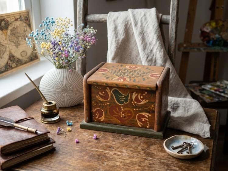 Vintage Hand-Painted Wooden Folk Art Box