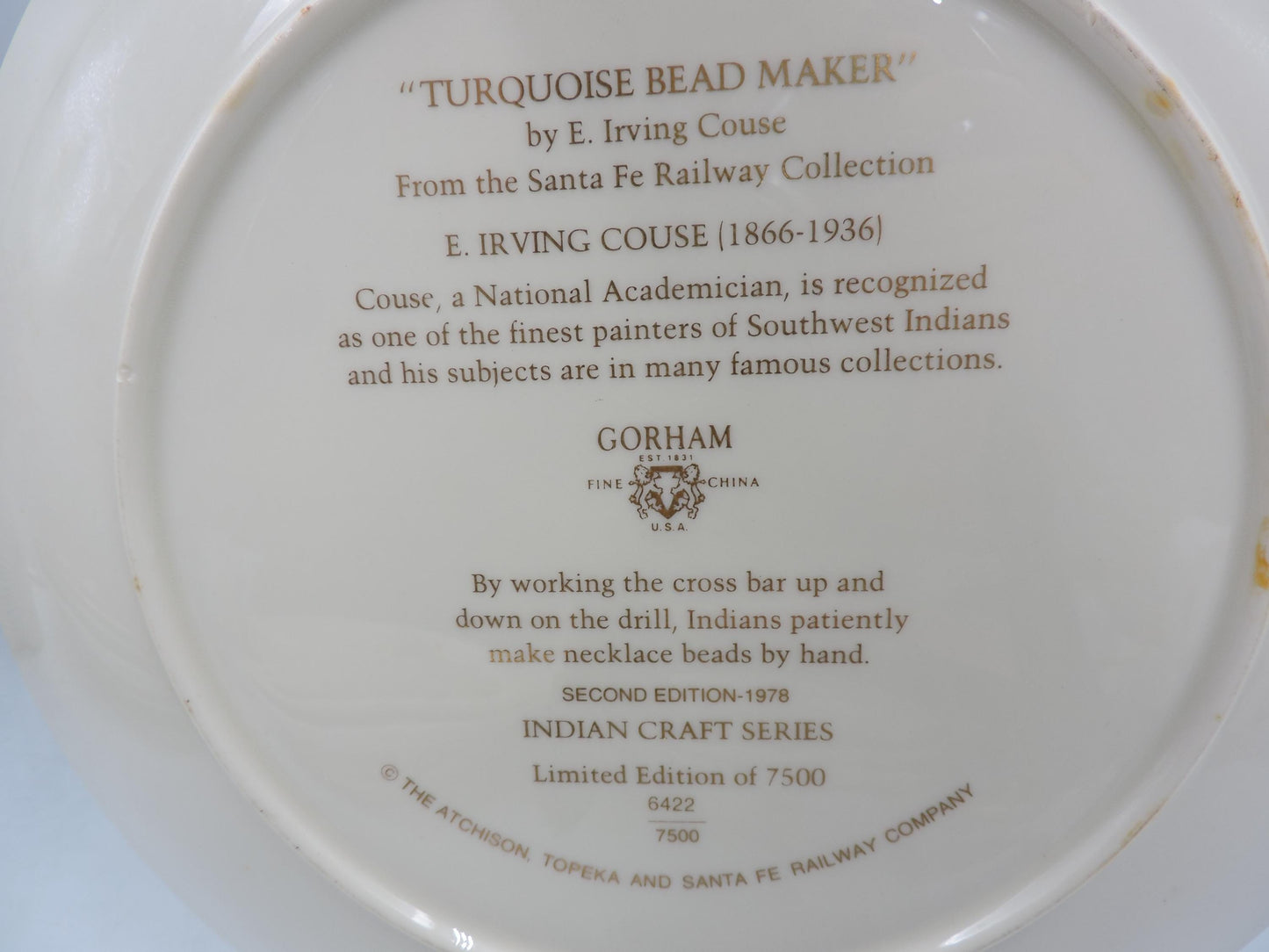Vintage 1978 Gorham Fine China Plate – "Turquoise Bead Maker" by E. Irving Couse