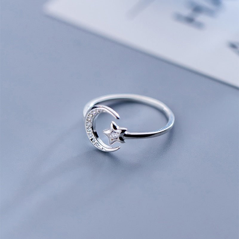 Sterling Silver Moon & Star Ring – Adjustable Fit