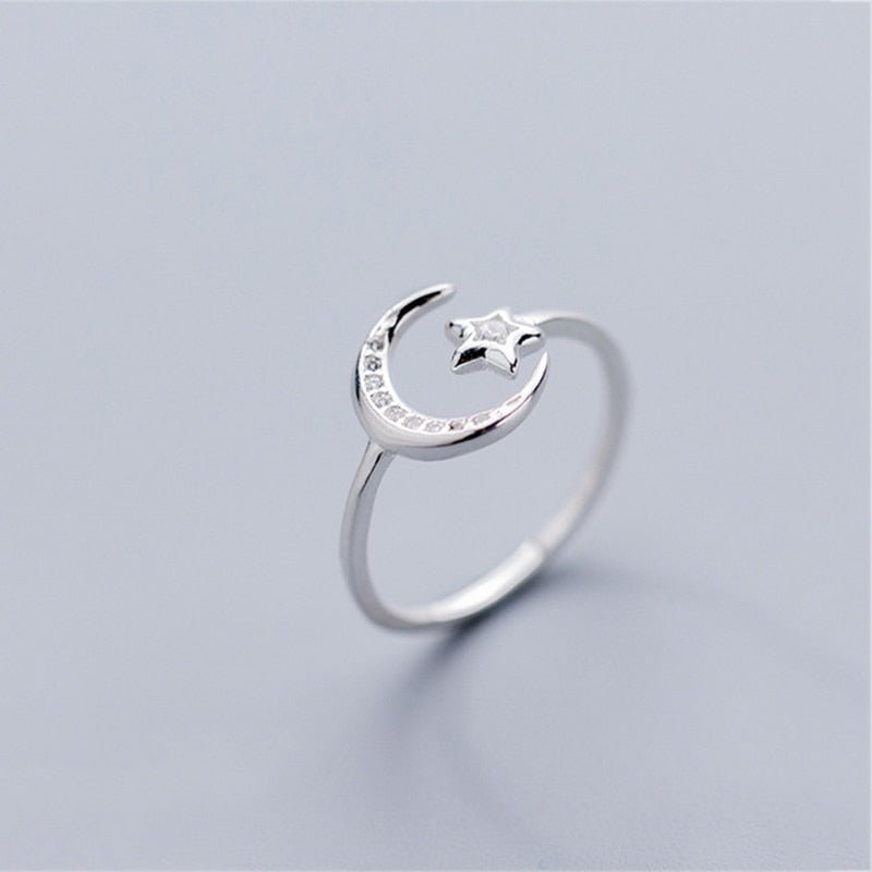 Sterling Silver Moon & Star Ring – Adjustable Fit