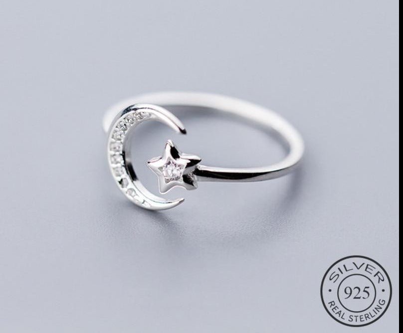 Sterling Silver Moon & Star Ring – Adjustable Fit