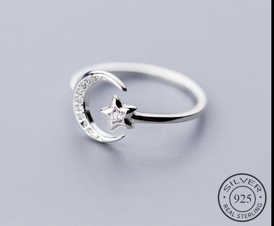 Sterling Silver Moon & Star Ring – Adjustable Fit
